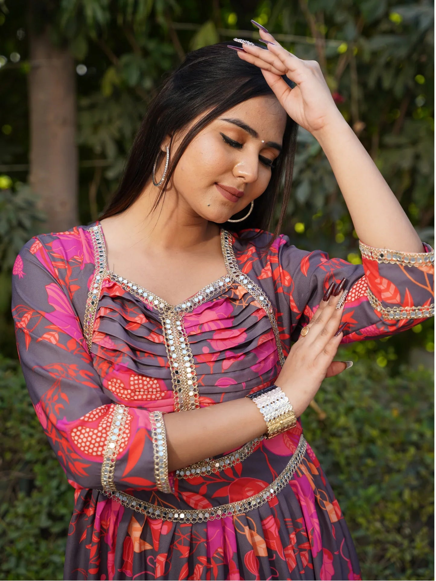 SCARLET STENCIL STEEL ANARKALI SET - Silaye