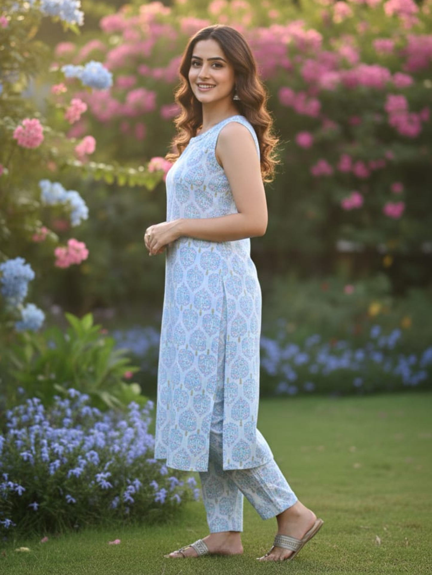 SUMMER BREEZE WHITE & AZURE FLORAL CUT-SLEEVES COTTON SET