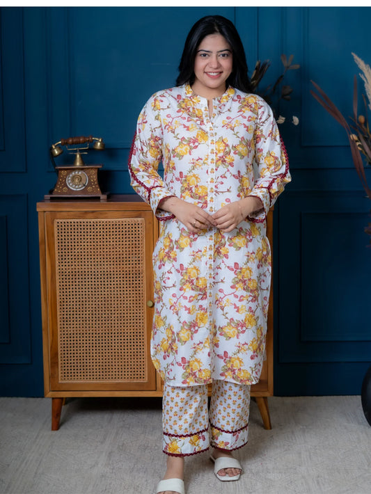 YELLOW FLORAL KURTA SET - Silaye