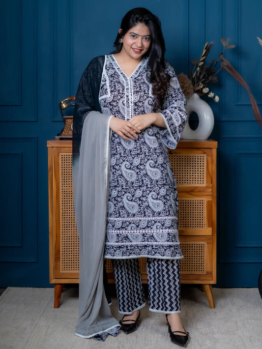 BLACK PAISLEY PRINT PAKISTANI SUIT SET - Silaye