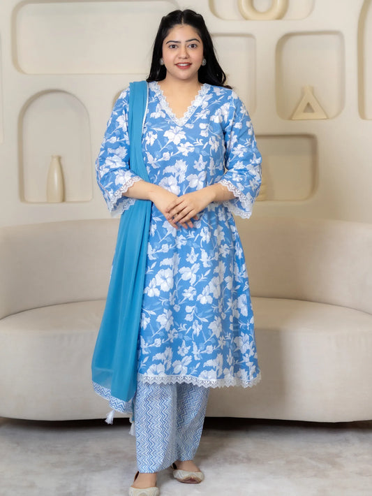 BLUE BLOSSOM ANARKALI SUIT SET - Silaye