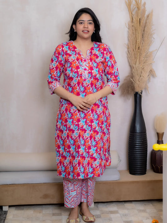 PINK FLORAL KURTA SET - Silaye