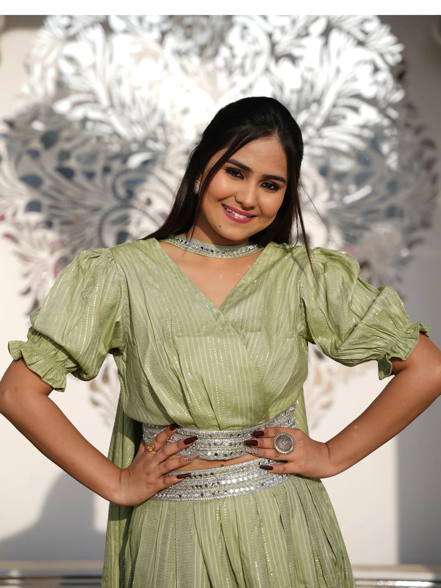 MINT GREEN SILVER SYMPHONY LEHENGA SET - Silaye