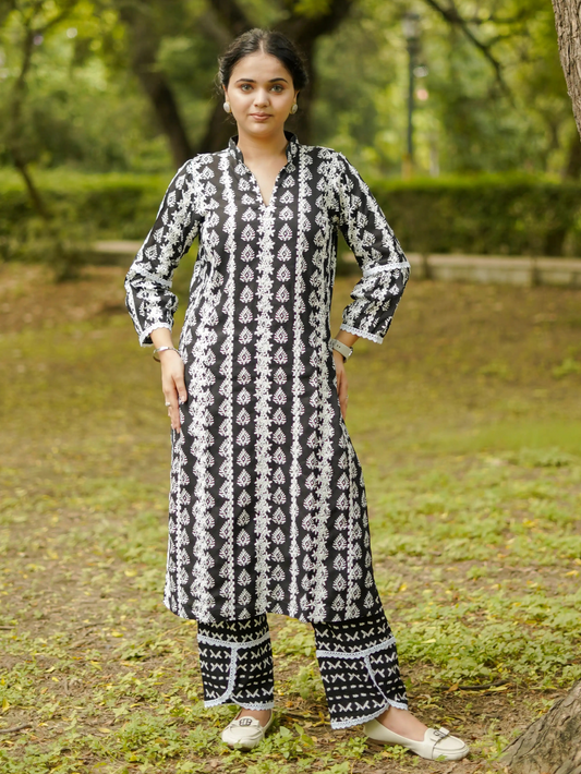 BLACK COTTON RAYON KURTA SET - Silaye