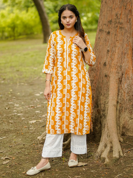 MUSTARD COTTON RAYON KURTA SET - Silaye