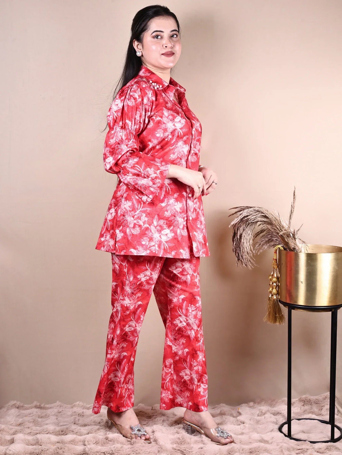 RED FLOWER PRINTED CO-ORD SET - Silaye