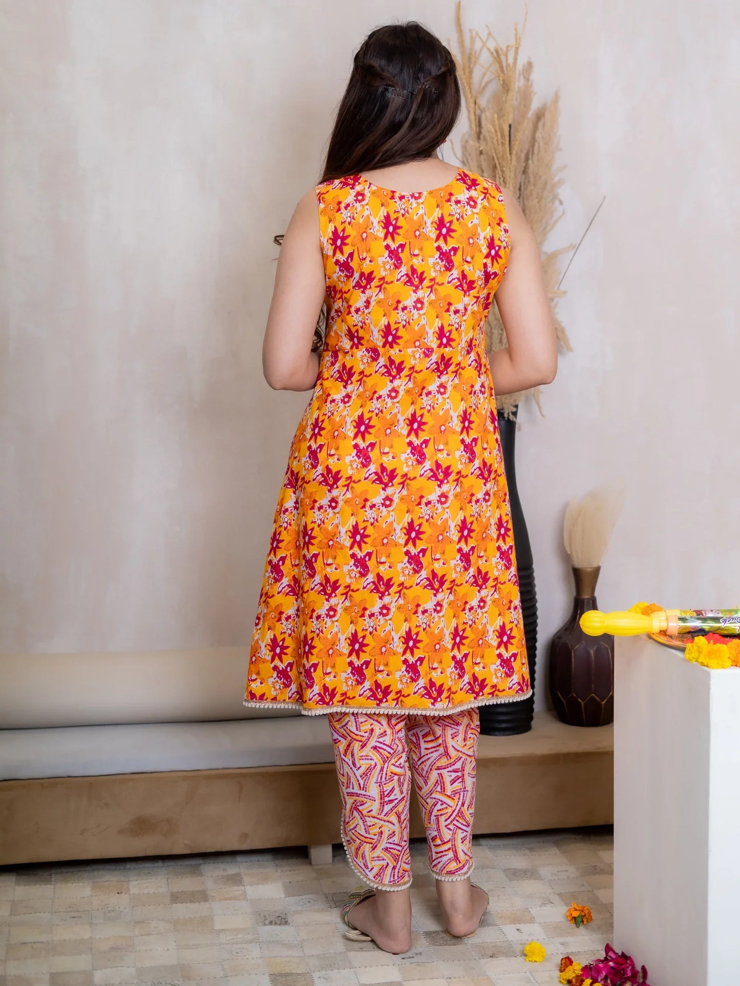 YELLOW & HOT PINK FLORAL DHOTI SET - Silaye