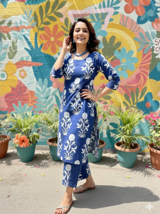 INDIGO BLOOM COTTON KURTA SET