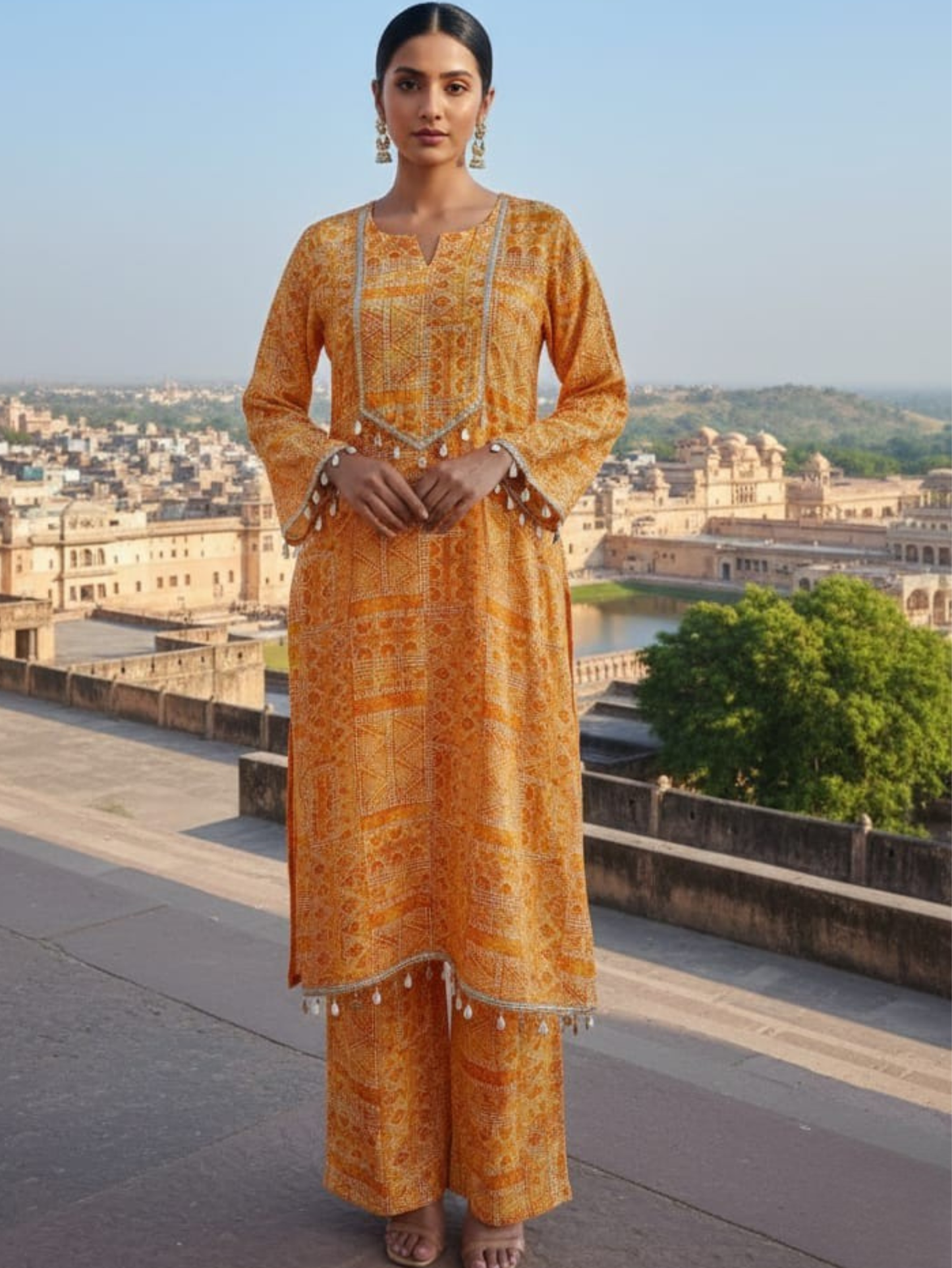 AMBER GLOW SWAROVSKI-ENCRUSTED A-LINE KURTA SET