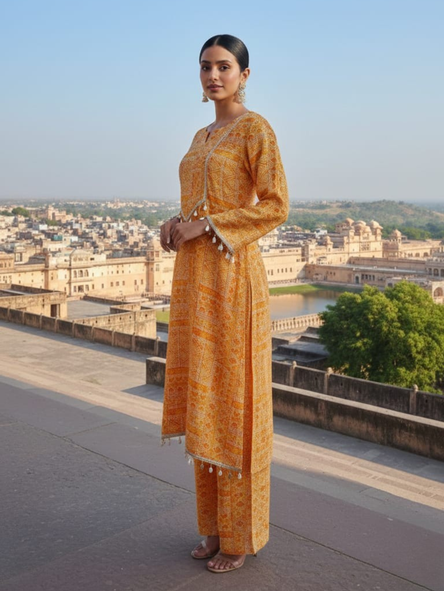 AMBER GLOW SWAROVSKI-ENCRUSTED A-LINE KURTA SET