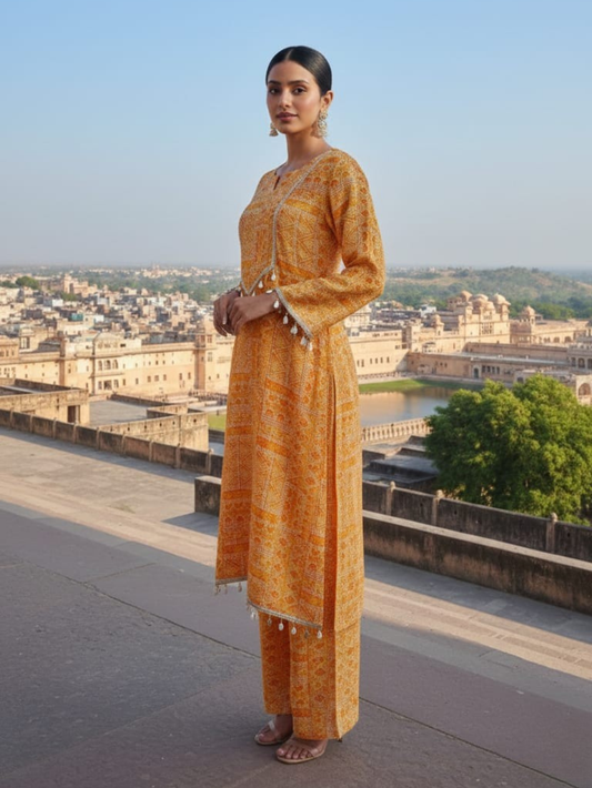 AMBER GLOW SWAROVSKI-ENCRUSTED A-LINE KURTA SET