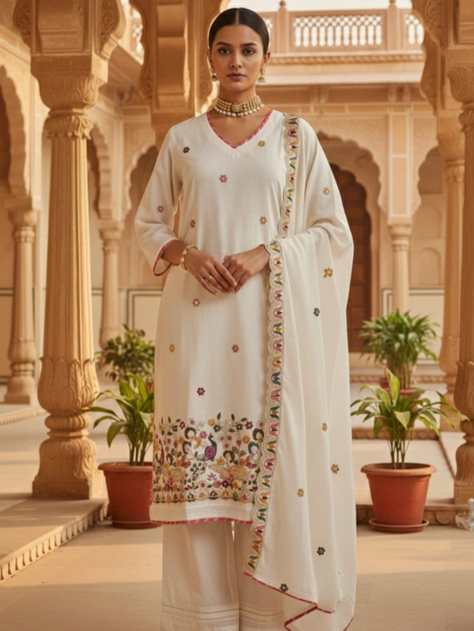 IVORY GRACE HAND-EMBROIDERED FLORAL PALAZZO SET