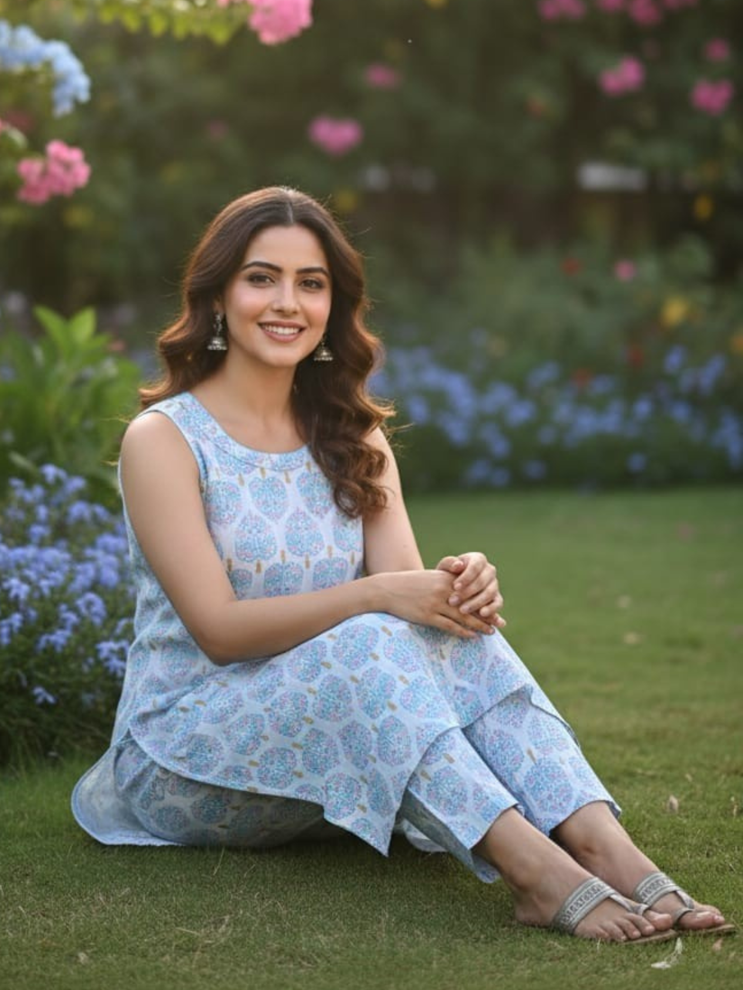 SUMMER BREEZE WHITE & AZURE FLORAL CUT-SLEEVES COTTON SET