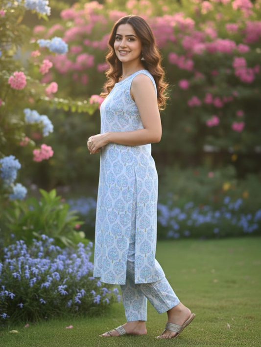 SUMMER BREEZE WHITE & AZURE FLORAL CUT-SLEEVES COTTON SET