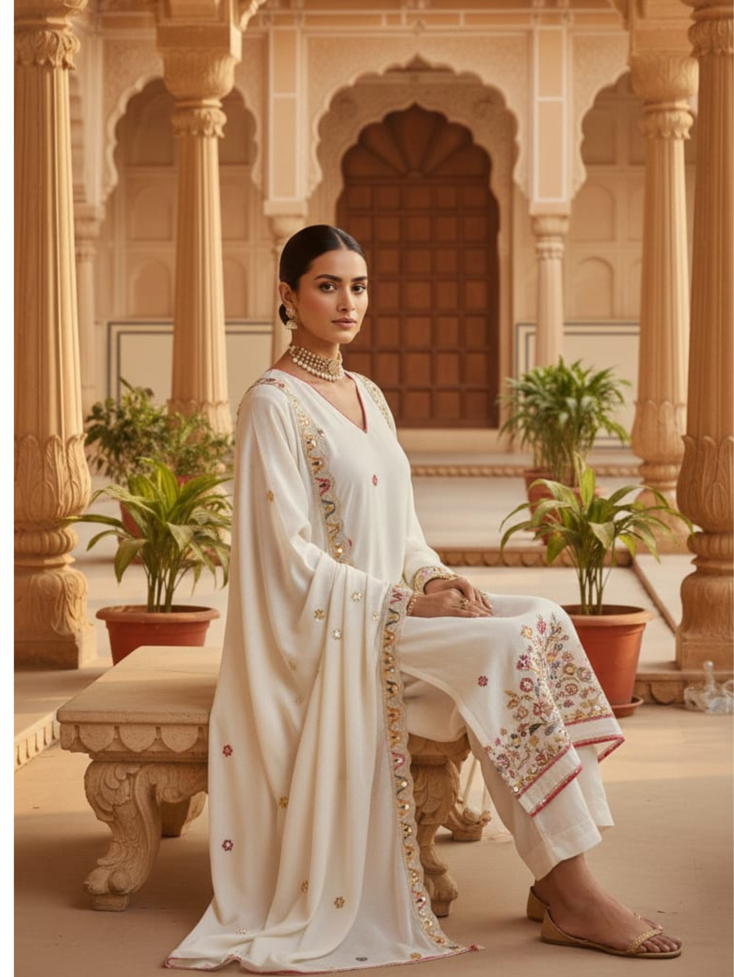 IVORY GRACE HAND-EMBROIDERED FLORAL PALAZZO SET