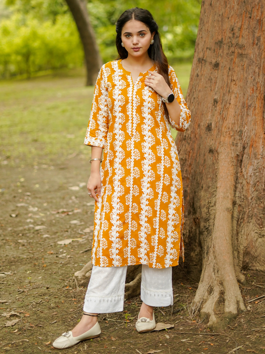 MUSTARD COTTON RAYON KURTA SET