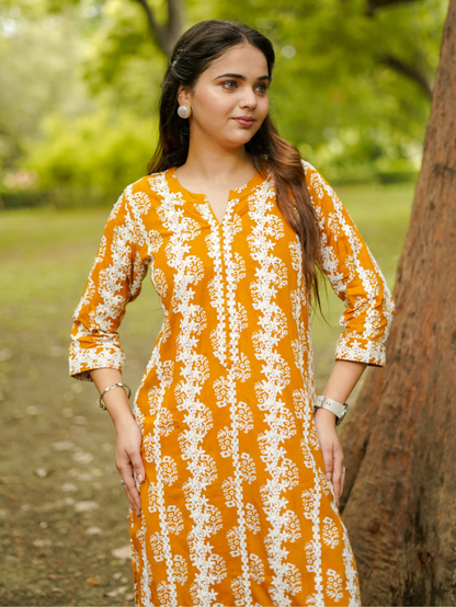 MUSTARD COTTON RAYON KURTA SET