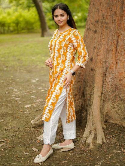 MUSTARD COTTON RAYON KURTA SET