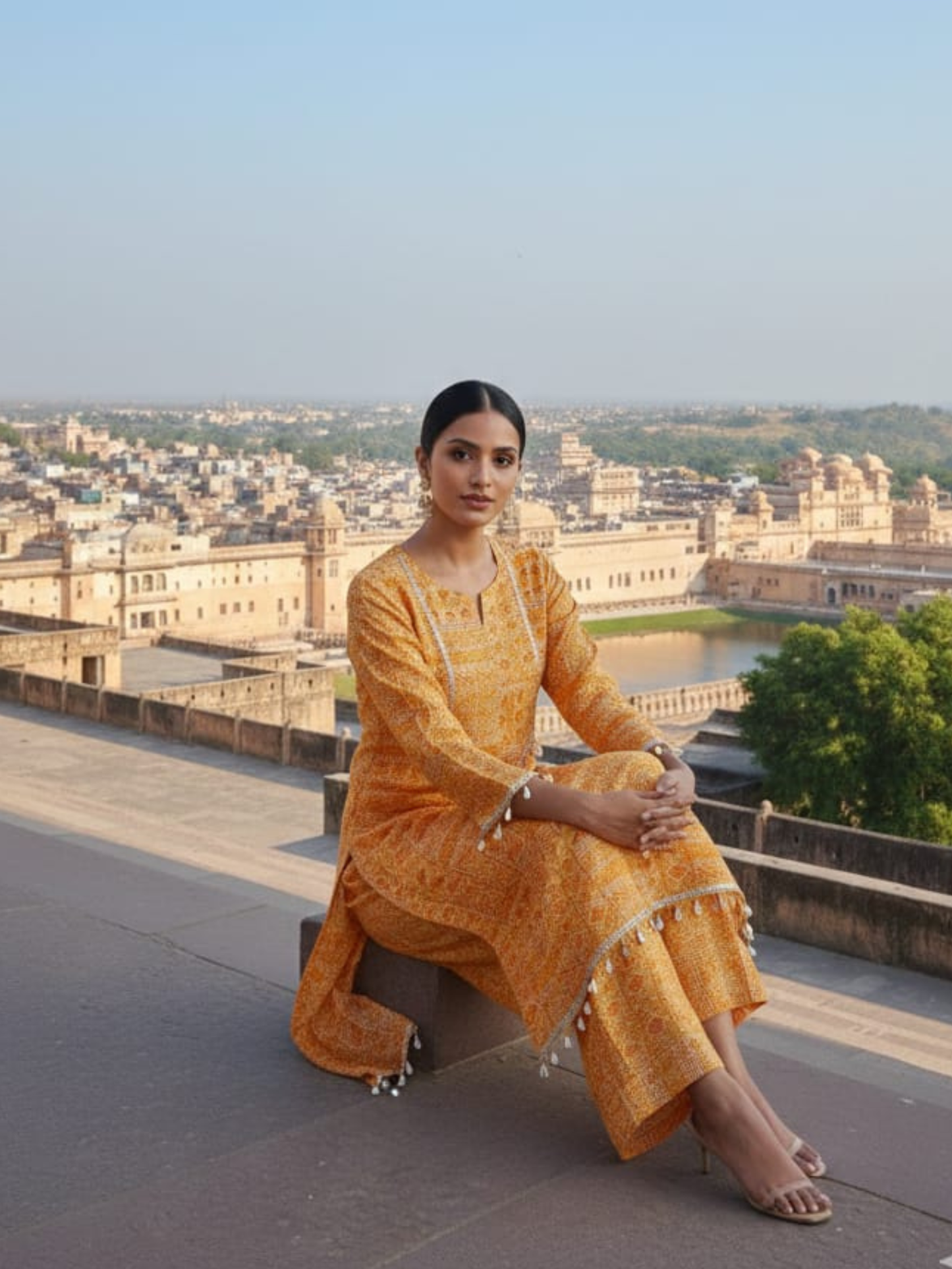 AMBER GLOW SWAROVSKI-ENCRUSTED A-LINE KURTA SET