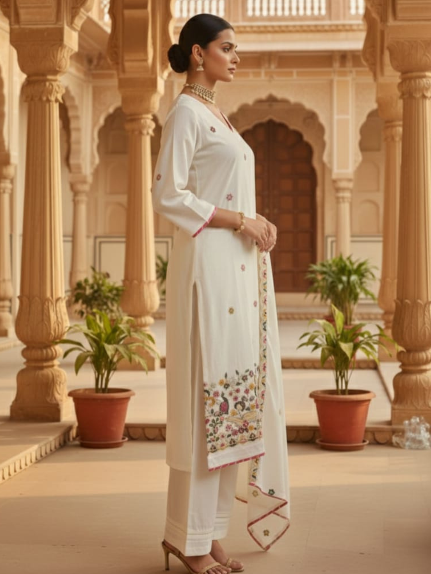 IVORY GRACE HAND-EMBROIDERED FLORAL PALAZZO SET