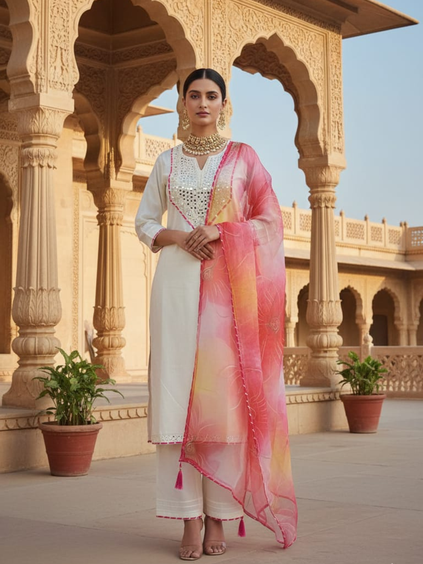 IVORY ELEGANCE MIRROR-WORK KURTA SET WITH SUNRISE ORGANZA DUPATTA