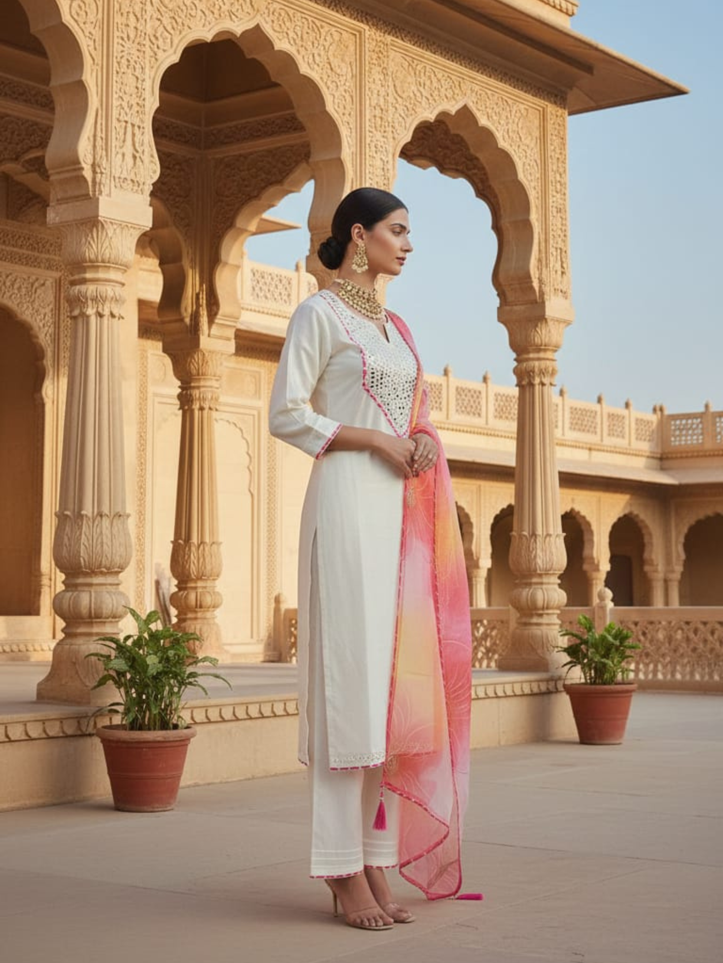 IVORY ELEGANCE MIRROR-WORK KURTA SET WITH SUNRISE ORGANZA DUPATTA