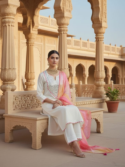 IVORY ELEGANCE MIRROR-WORK KURTA SET WITH SUNRISE ORGANZA DUPATTA