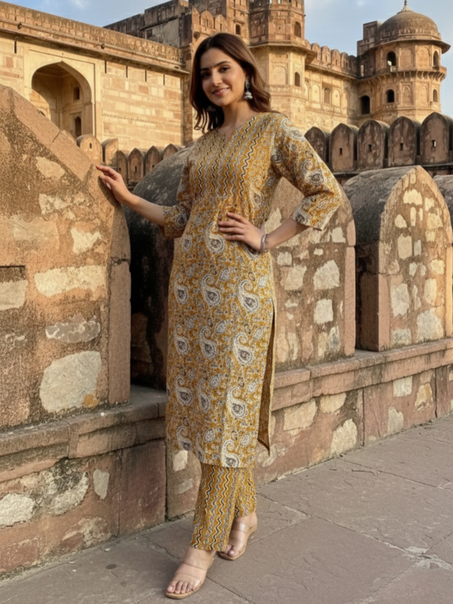 MUSTARD ROYALE PAISLEY COTTON KURTA SET