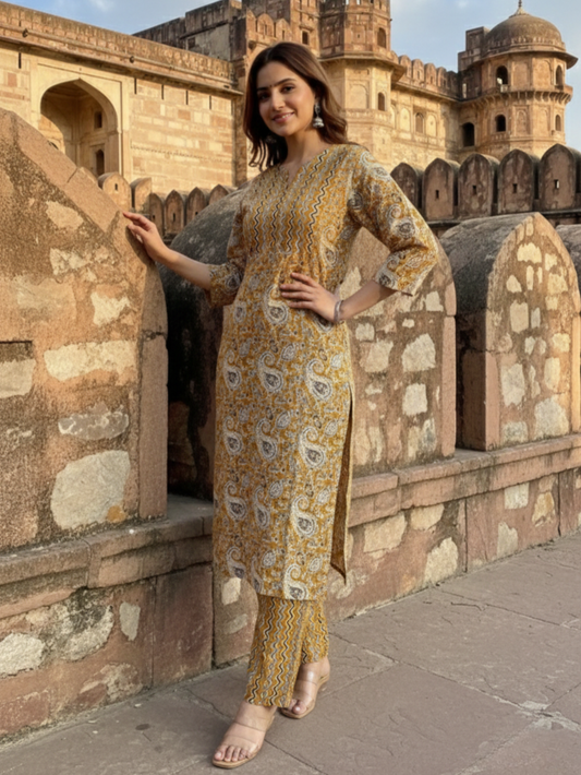 MUSTARD ROYALE PAISLEY COTTON KURTA SET