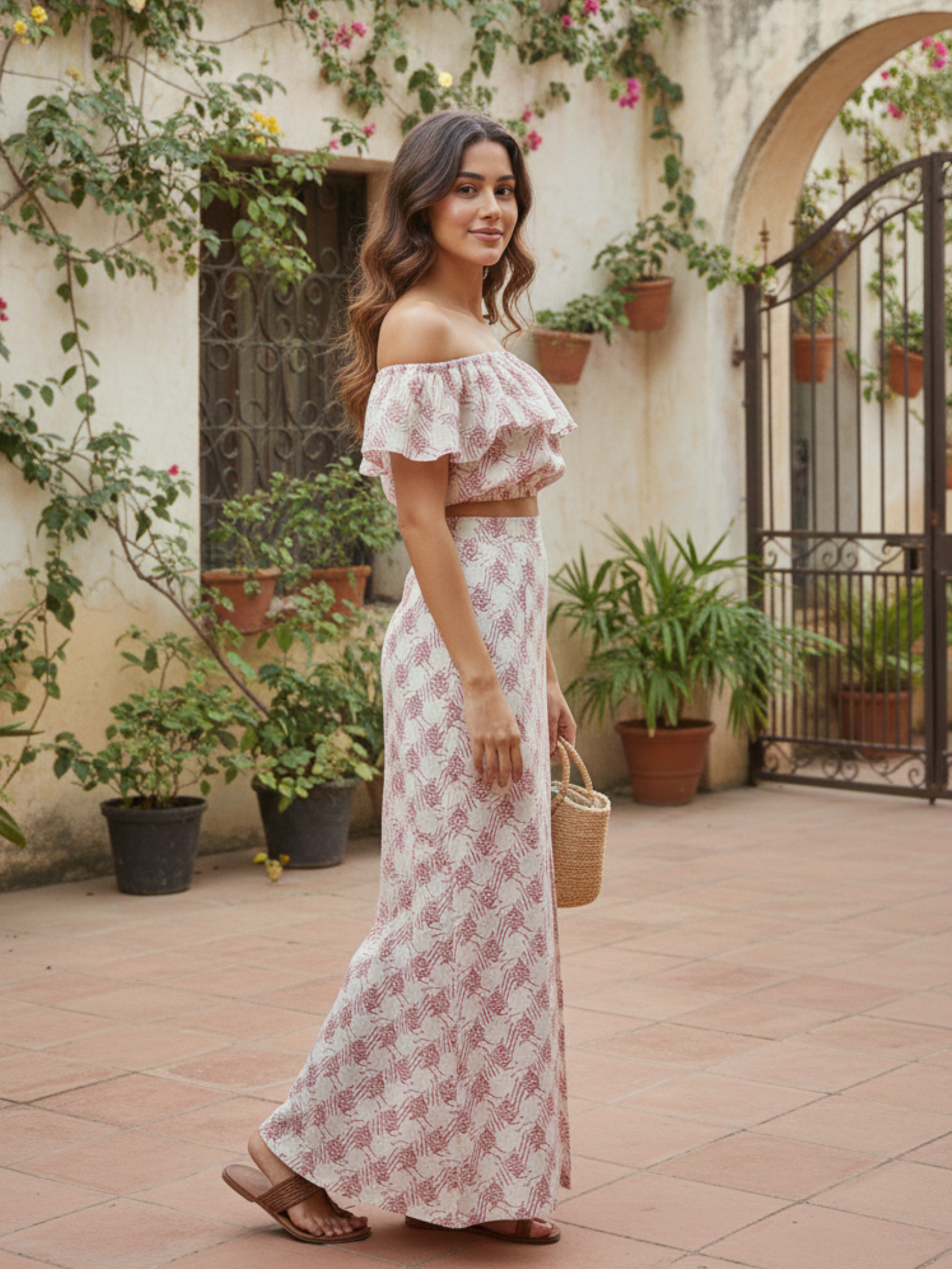 FLORAL OFF-SHOULDER CROP TOP WITH SLIT SKIRT SET