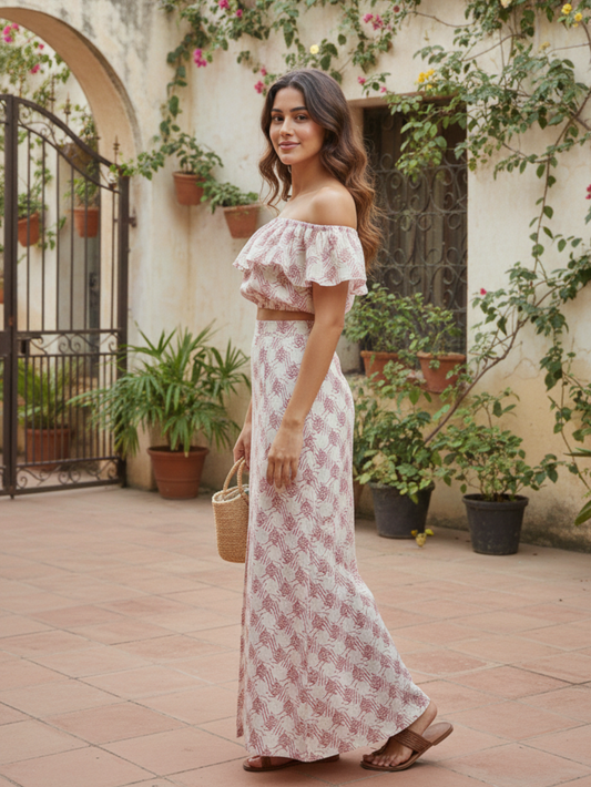 FLORAL OFF-SHOULDER CROP TOP WITH SLIT SKIRT SET