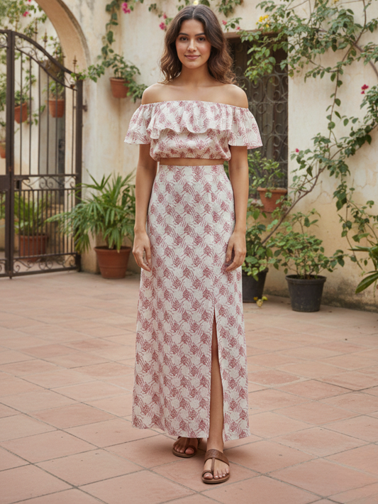FLORAL OFF-SHOULDER CROP TOP WITH SLIT SKIRT SET