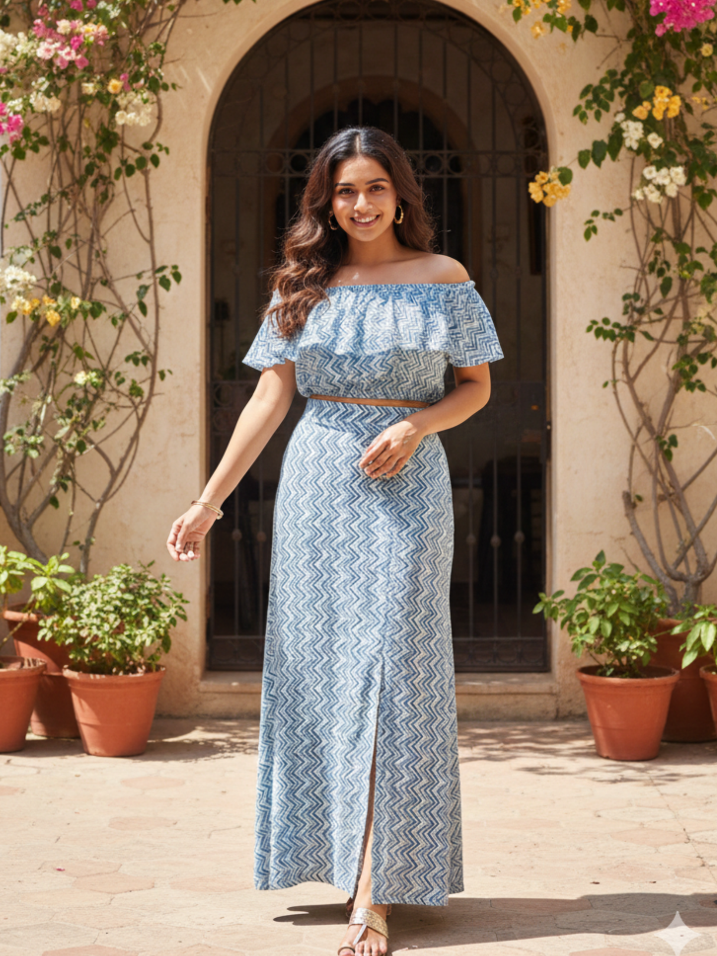 BLUE OFF-SHOULDER TOP AND SKIRT SET